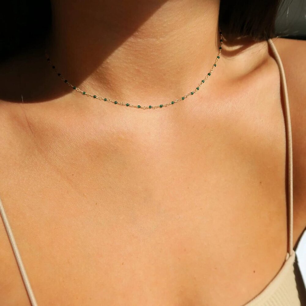 Beaded Necklaces for Women 14K Gold Plated Dainty Colorful Green/Rose Beaded Pea - Picture 4 of 7